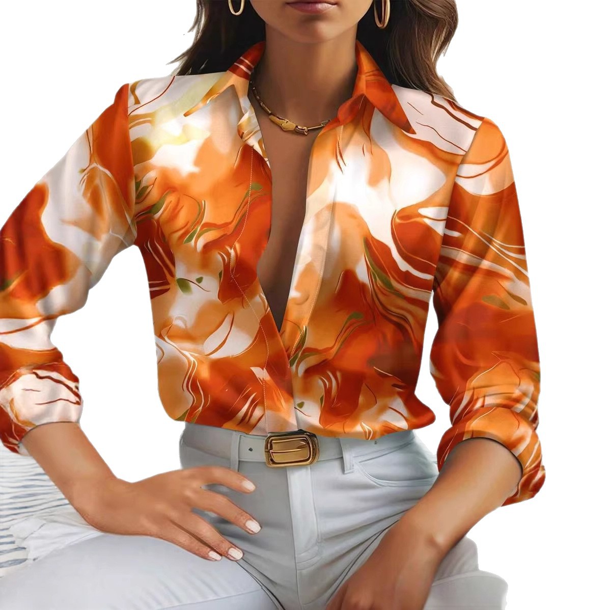 Women's Floral Leaf Print Long Sleeve Button-Up Shirt