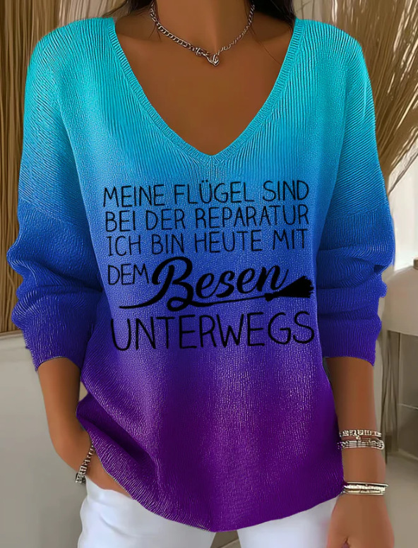 Women's Fruit Letter Valley Print V-Neck Long-Sleeve T-Shirt