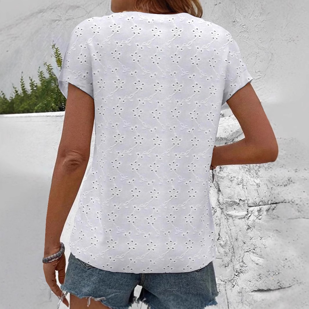 Women's Solid Color Stand Collar Lace Cutout Button Shirt