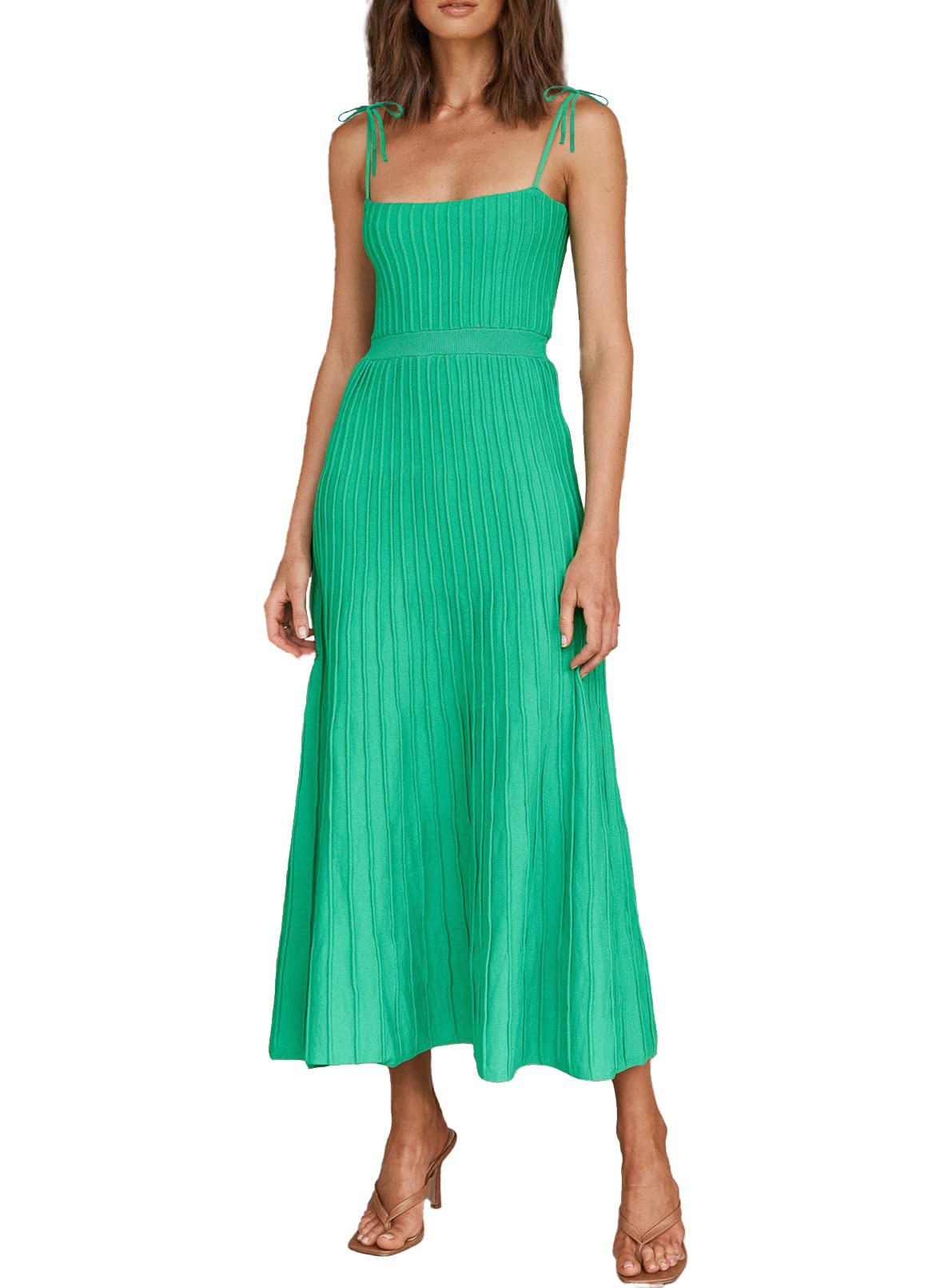 Women's Summer Sleeveless Knit Maxi Dress Square Neck High Waist A-Line