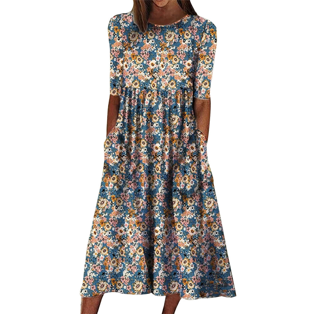 Floral Print Round Neck Half Sleeve Loose Midi Dress with Pockets