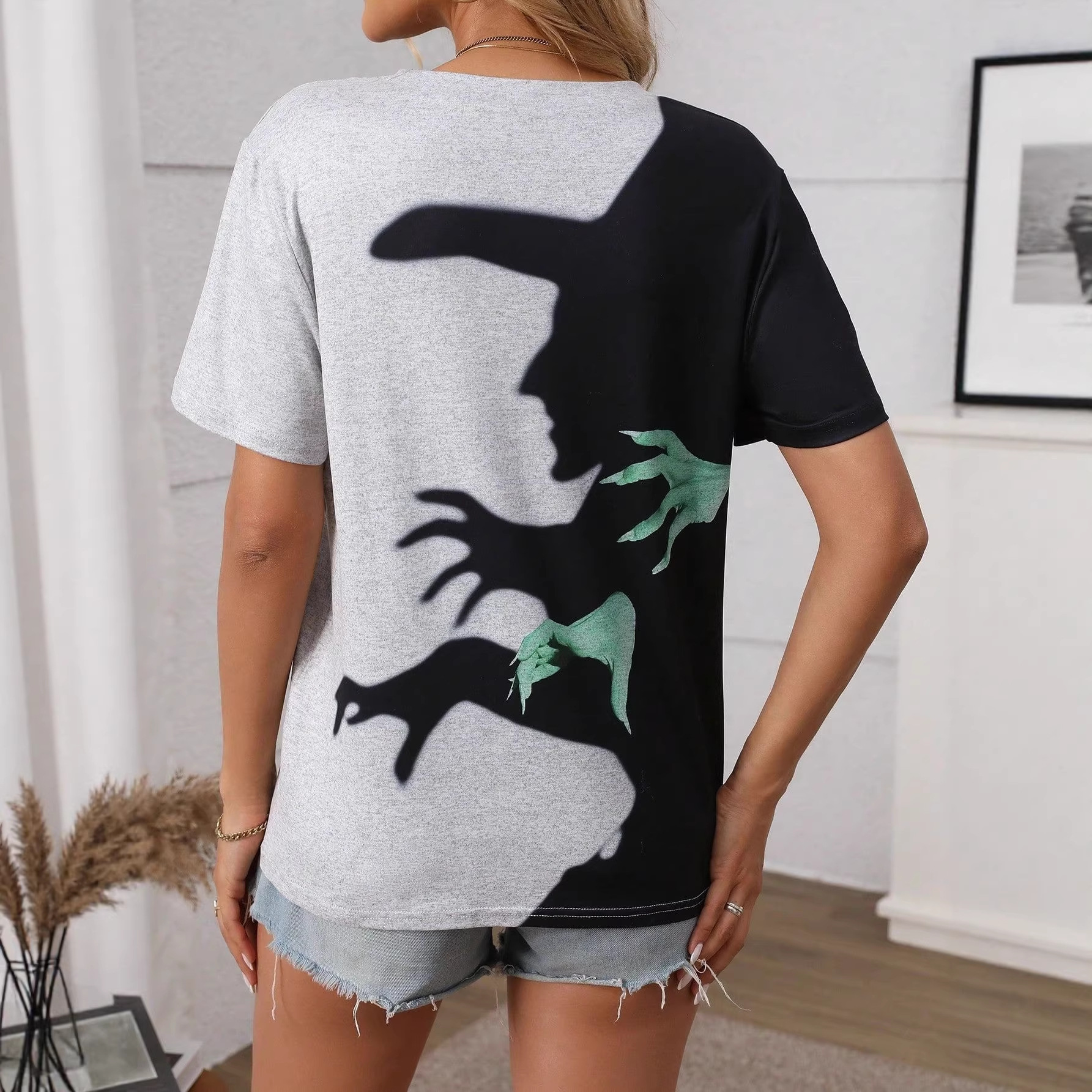 Halloween Witch Hand Print Colorblock T-Shirt Women Casual Loose Short Sleeve