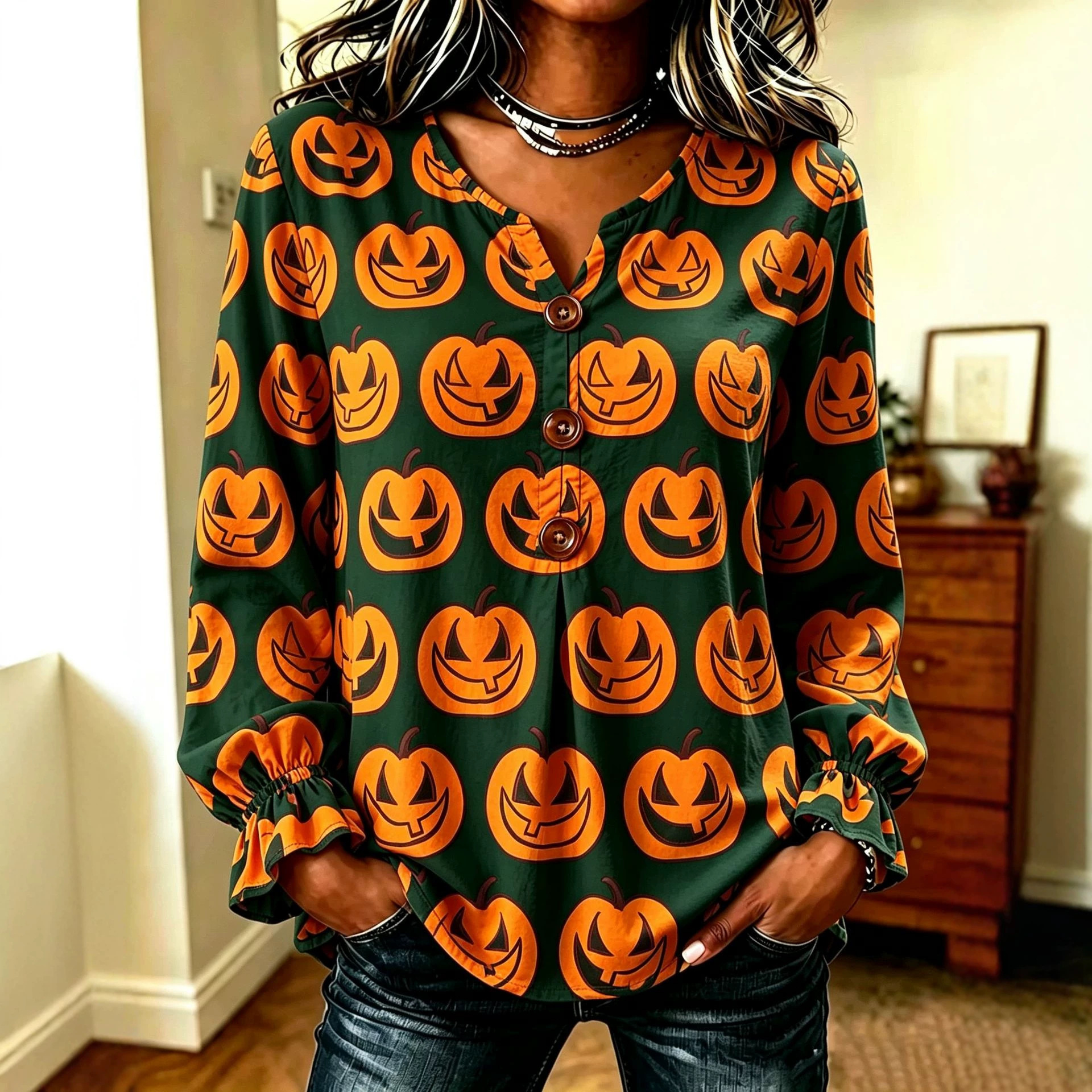 Women's Halloween Pumpkin Print Button Long Sleeve Shirt
