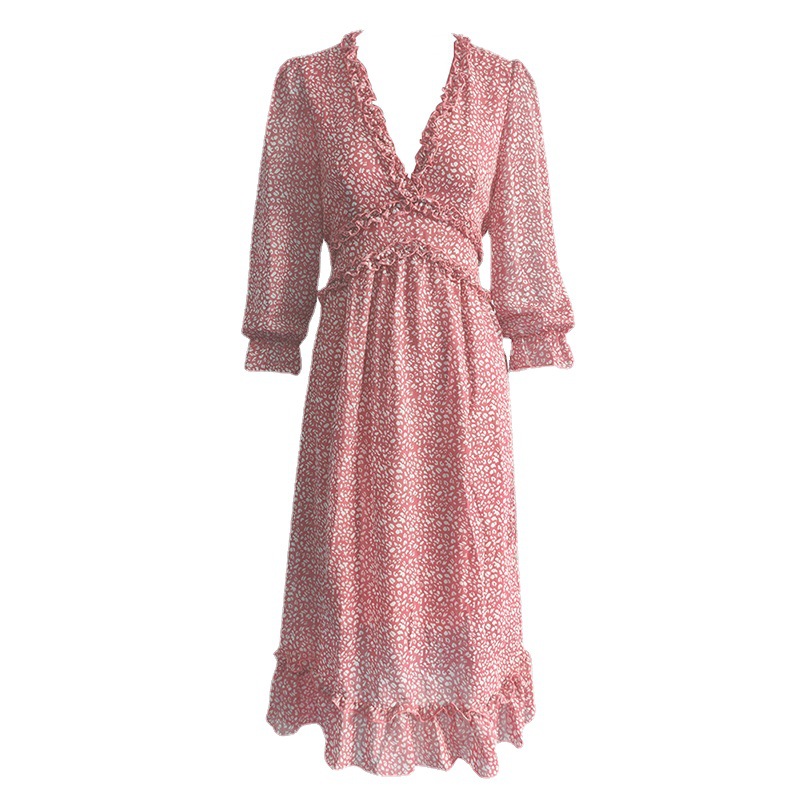 Floral Print V-Neck Ruffle Midi Dress