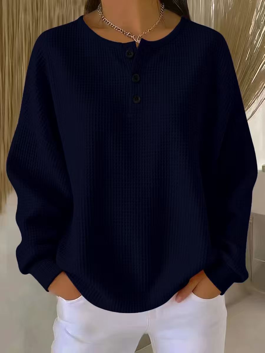 Waffle Knit Crewneck Pullover Loose Fit Solid Color Top
