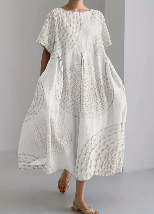 Women's Vintage Floral Print A-Line Midi Dress with U-Neck and Short Sleeves