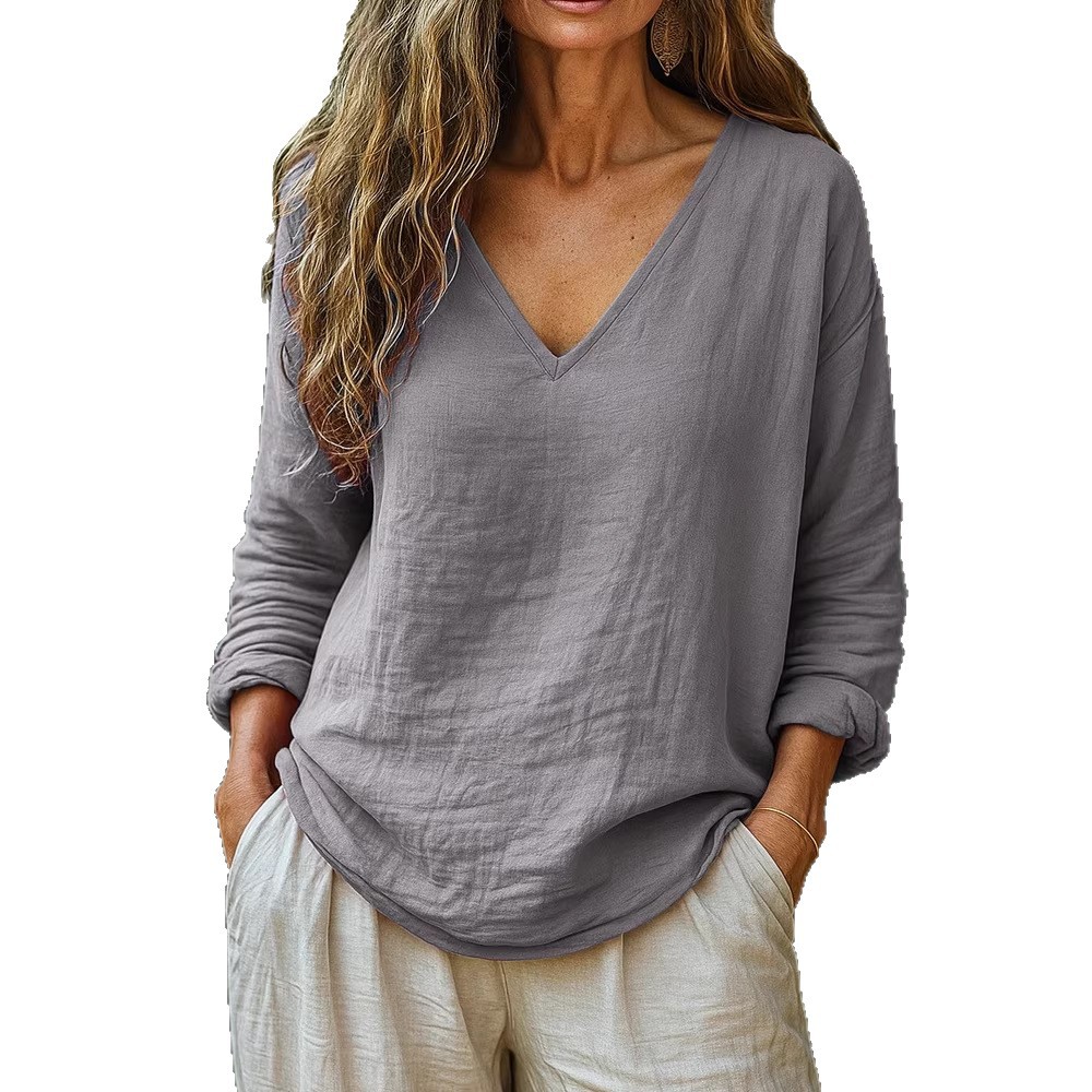 Women's Cotton-Linen V-Neck Long-Sleeve Pullover Top