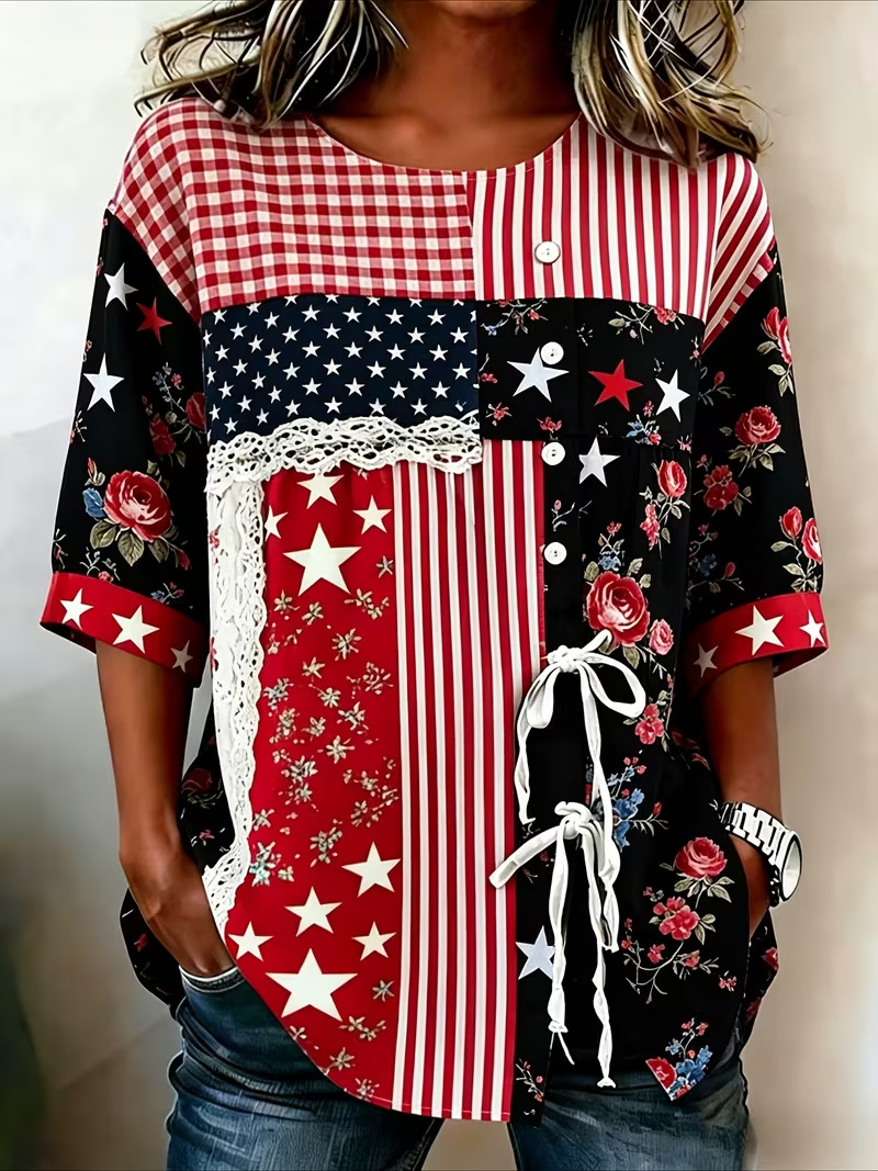 Women's American Flag Floral Print Half-Sleeve Tie Shirt