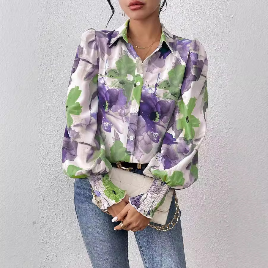 Women's Floral Print Satin Blouse with Collar and Puff Sleeves