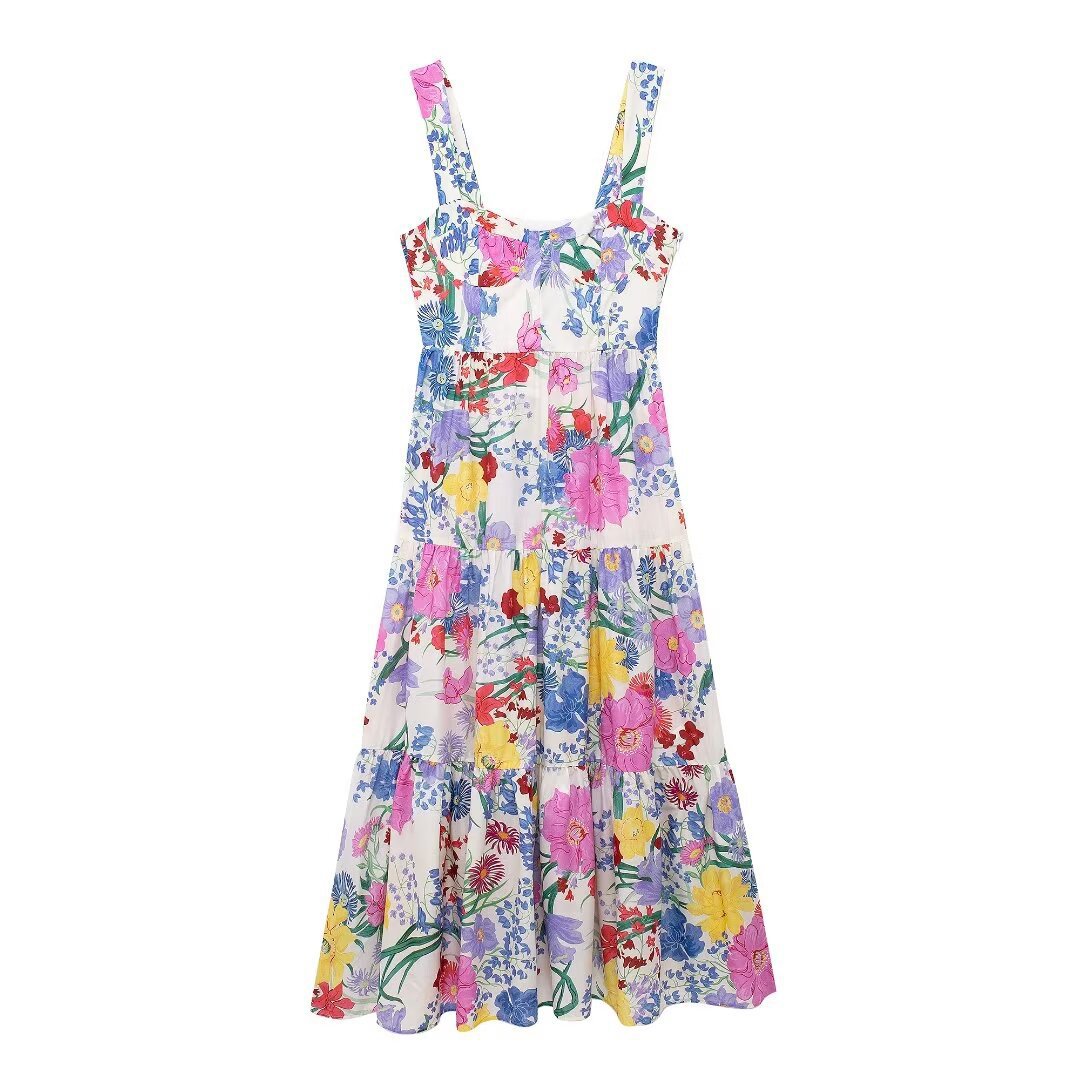 Women's Floral Print Square Neck Sleeveless A-Line Midi Dress