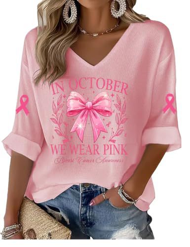 Women's Pink Rose Print Ribbon Mid-Sleeve Casual Blouse