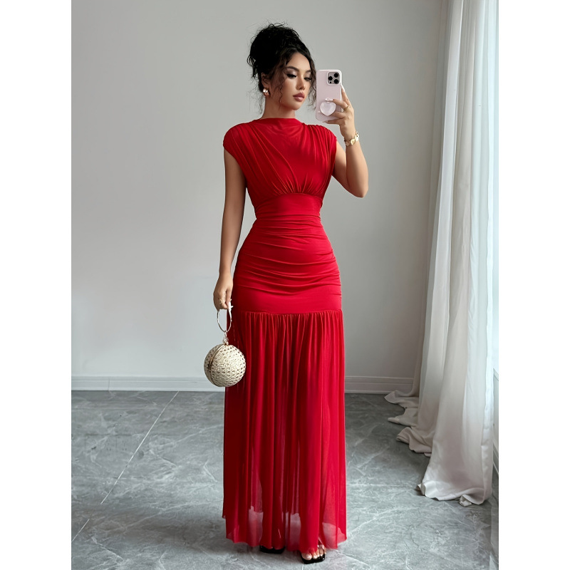 Women's Red Boat Neck Sleeveless Cutout Mesh Ruched Waist Long Dress
