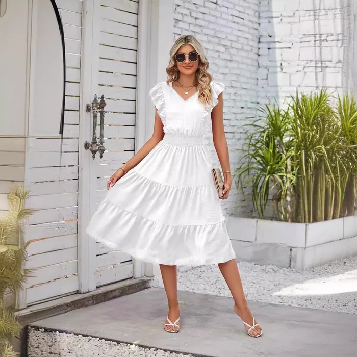 Ruffle Sleeve V-Neck High-Waist Slimming Dress
