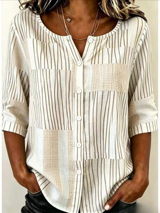 Women's Color-Block Vertical Striped Mid-Sleeve Shirt
