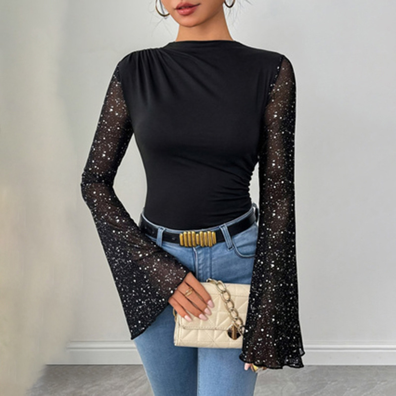 Chiffon Lantern-Sleeve Ruched Waist Round-Neck Long-Sleeve Slimming Top for Women
