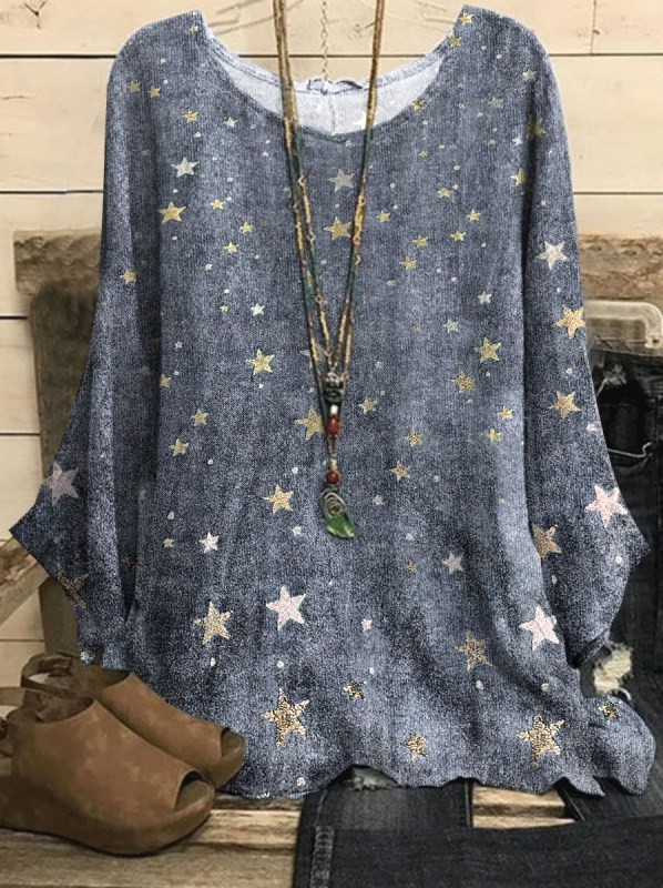 Cotton-Linen Print Round Neck Loose Vintage Top