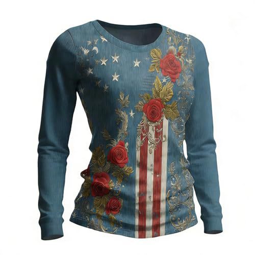 Women's American Flag Striped Rose Print Long Sleeve Top