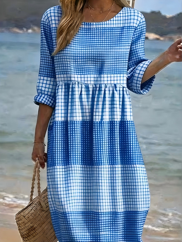 Women's Solid Plaid Print Ruched Midi Dress