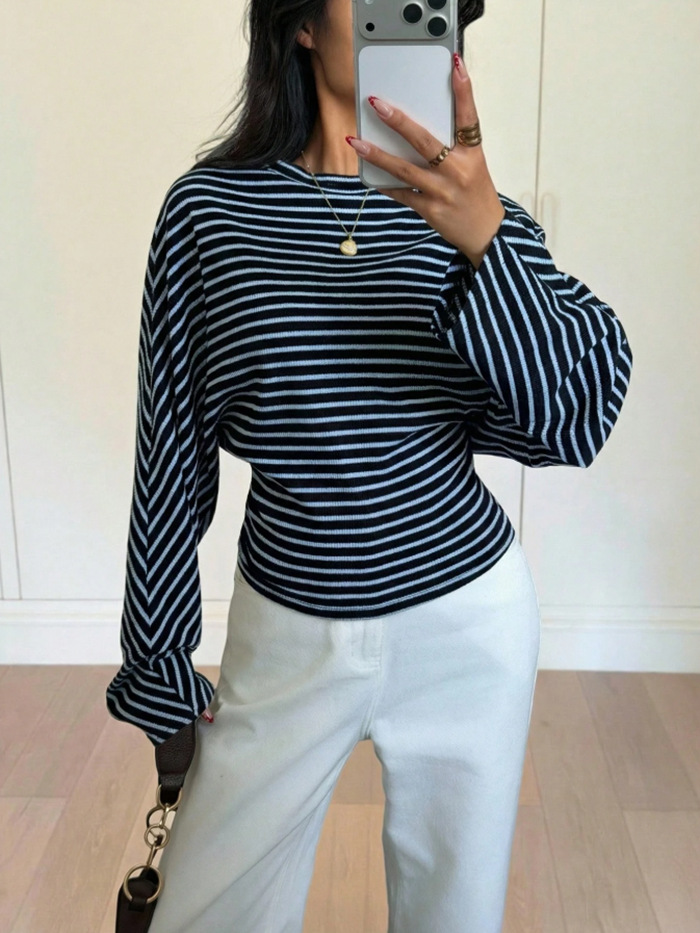 Striped Batwing Sleeve Crewneck T-Shirt
