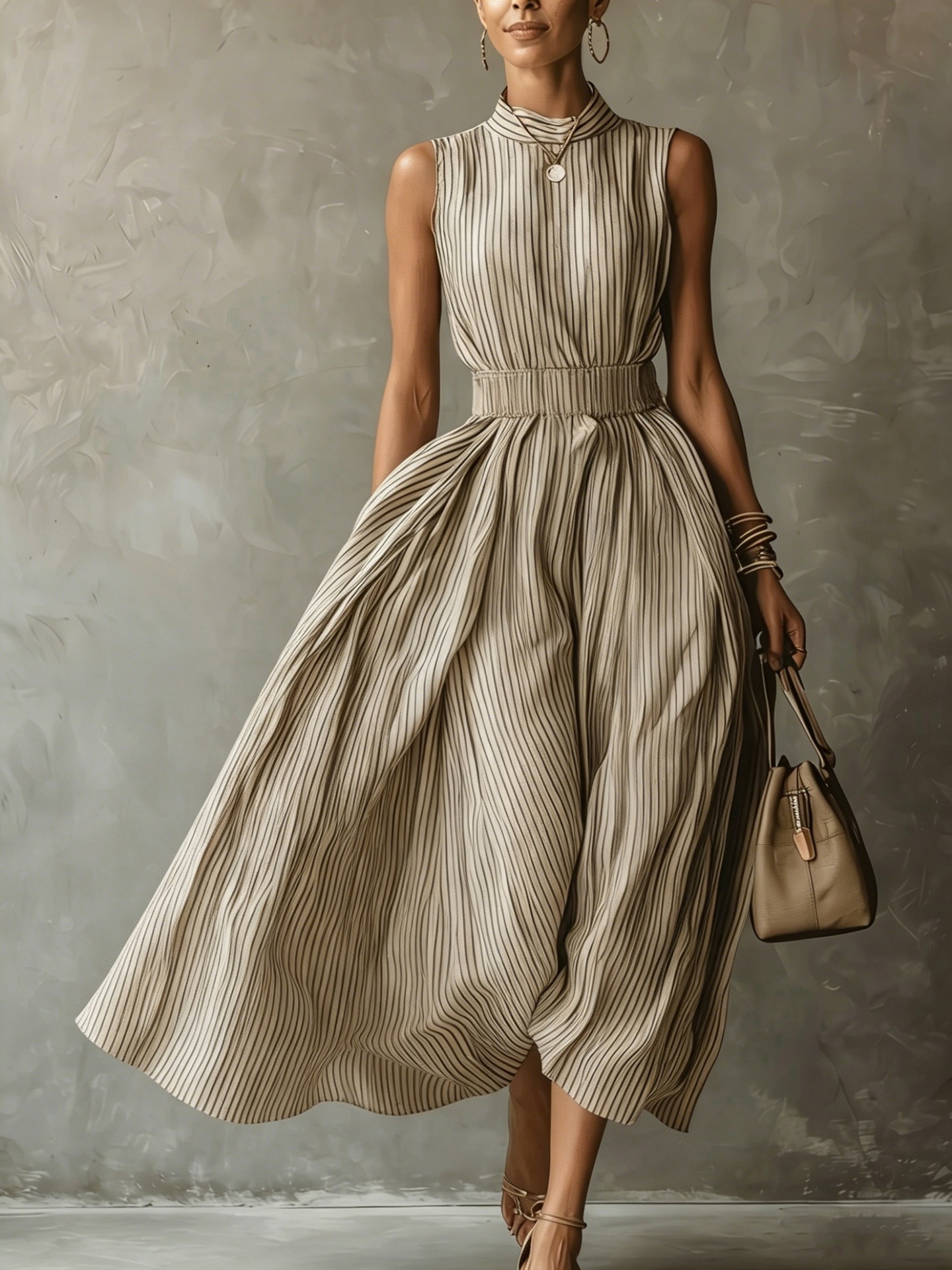 Women's Sleeveless Striped Midi Dress High Waist Fit and Flare