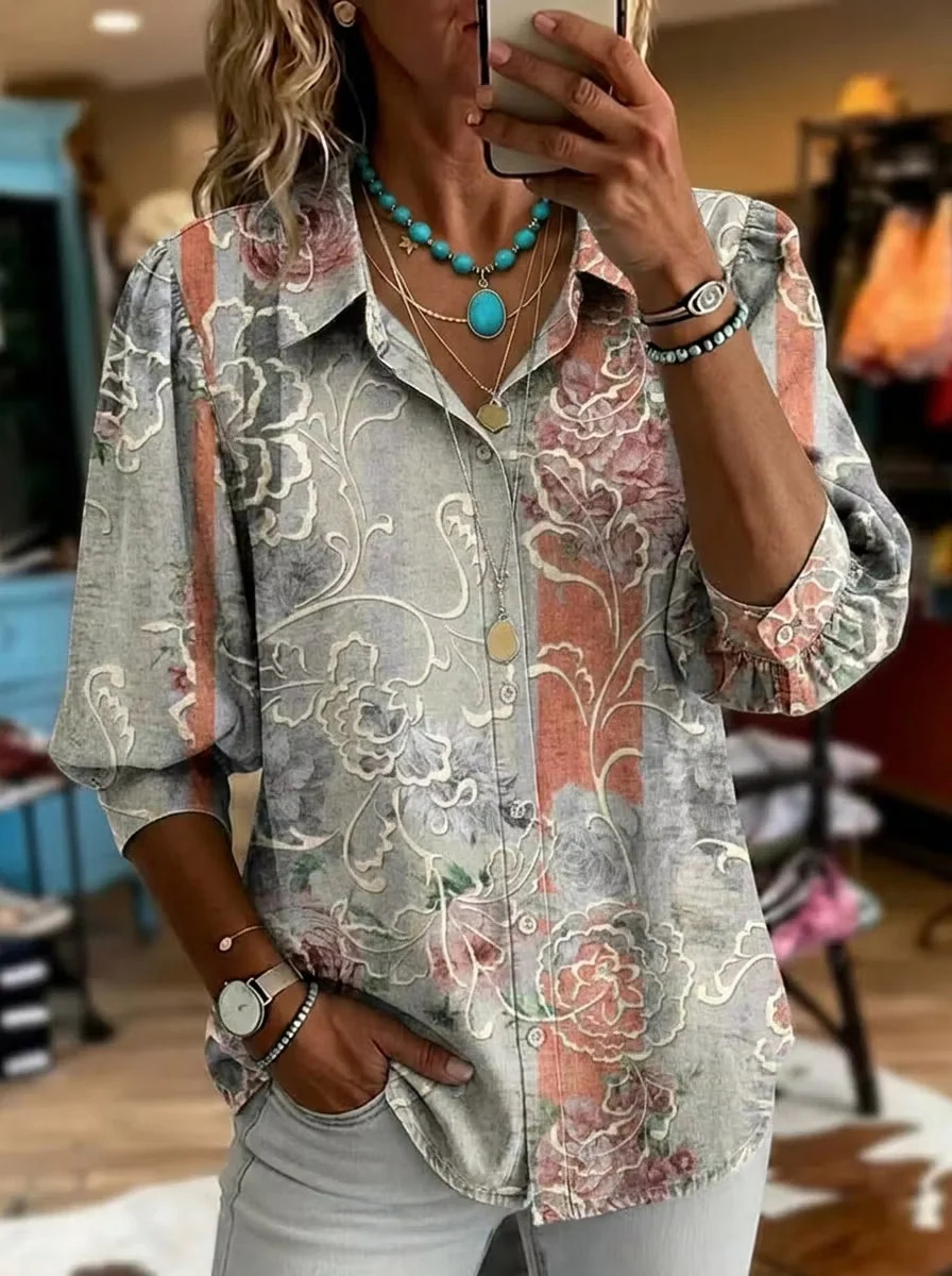 Women's Floral Print Long Sleeve Button-Up Shirt