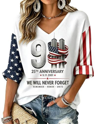 American Flag Twin Towers Print V-Neck Long Sleeve Women's Top