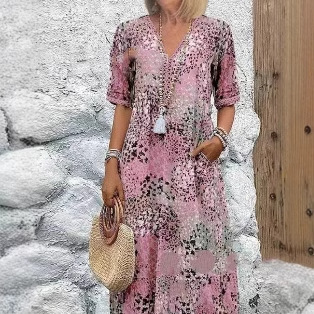 Women's Printed V-Neck Midi Dress with Pockets Casual Vacation Pullover