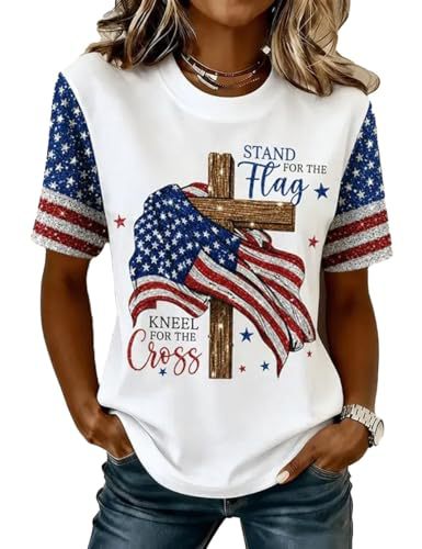 Summer Cross American Print Crewneck Short Sleeve Women's Top