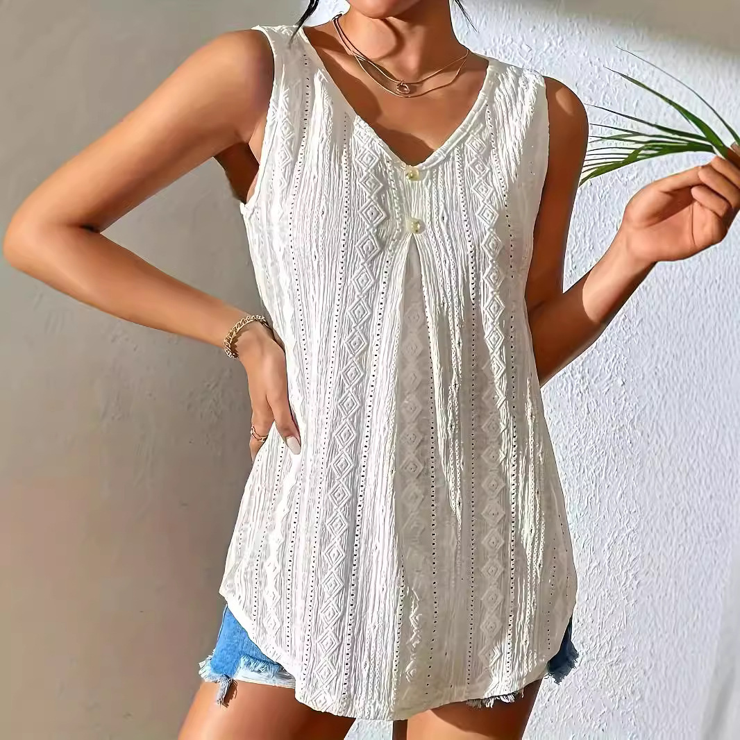 Women's Loose Jacquard Hollow-Out V-Neck Button Sleeveless Midi Top