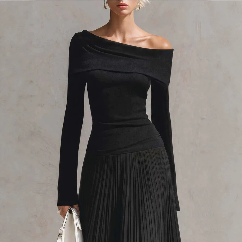 Elegant Black Off-Shoulder Long Sleeve Low-Waist Pleated Maxi Dress