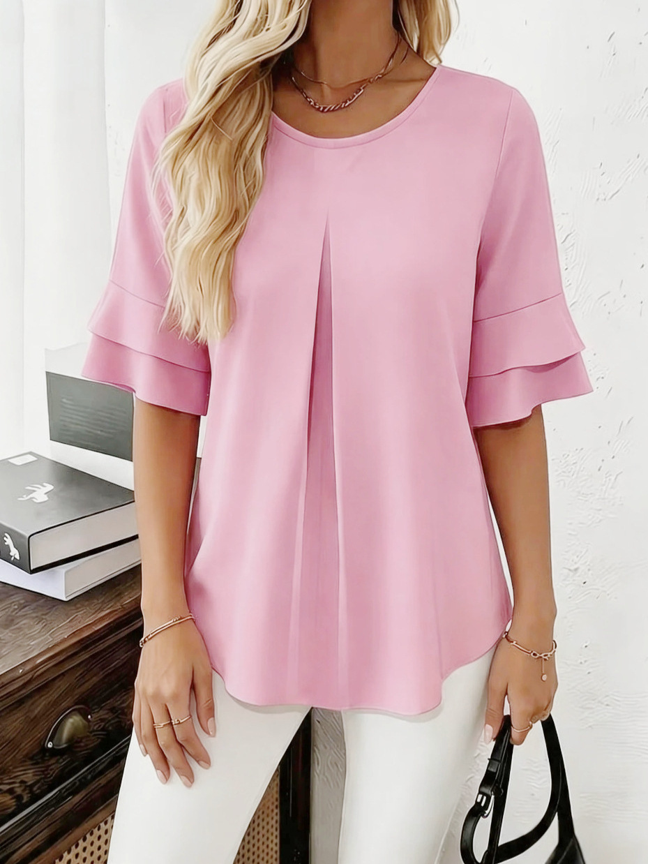 Women's Loose Ruffle Half-Sleeve Top Crew Neck Solid Color