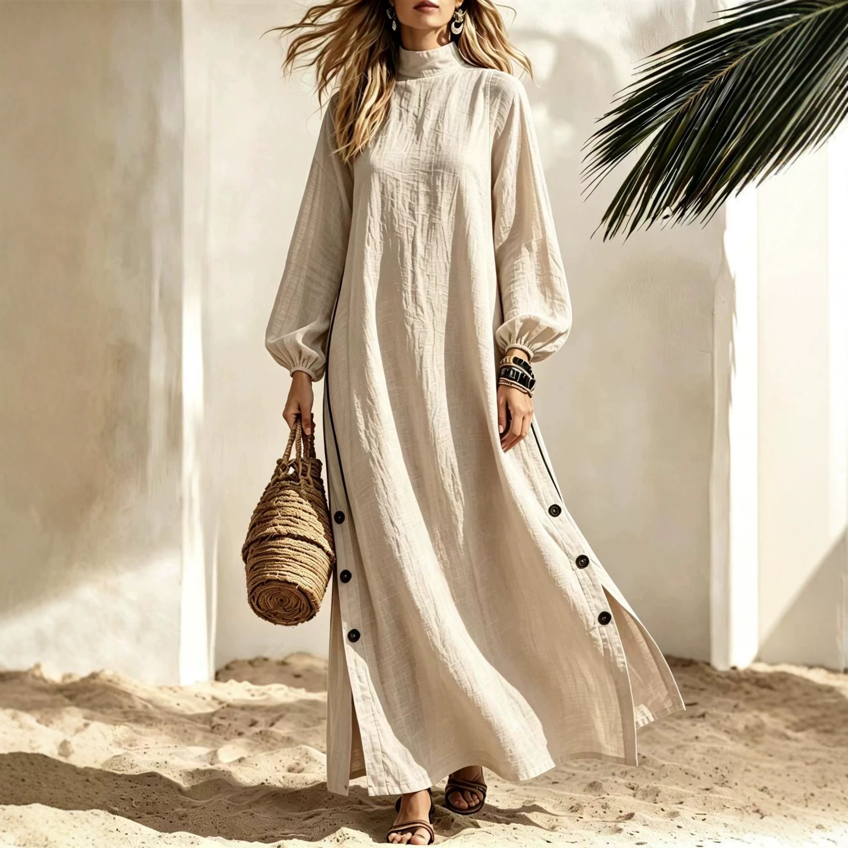 Mock Neck Long Sleeve Maxi Dress with Side Button Slit