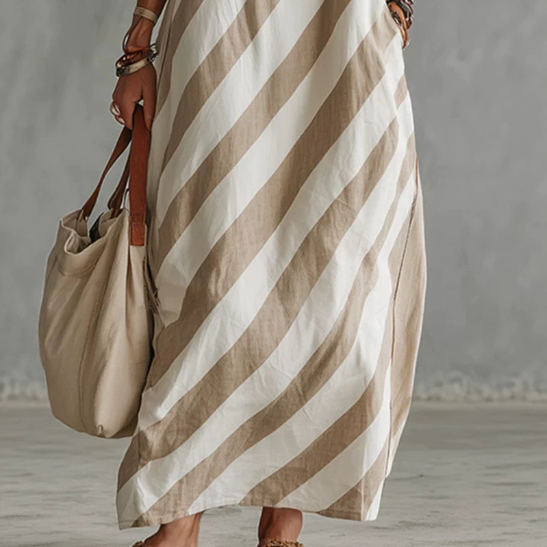 Retro Beige Diagonal Stripe Print Long Dress Square Neck Sleeveless