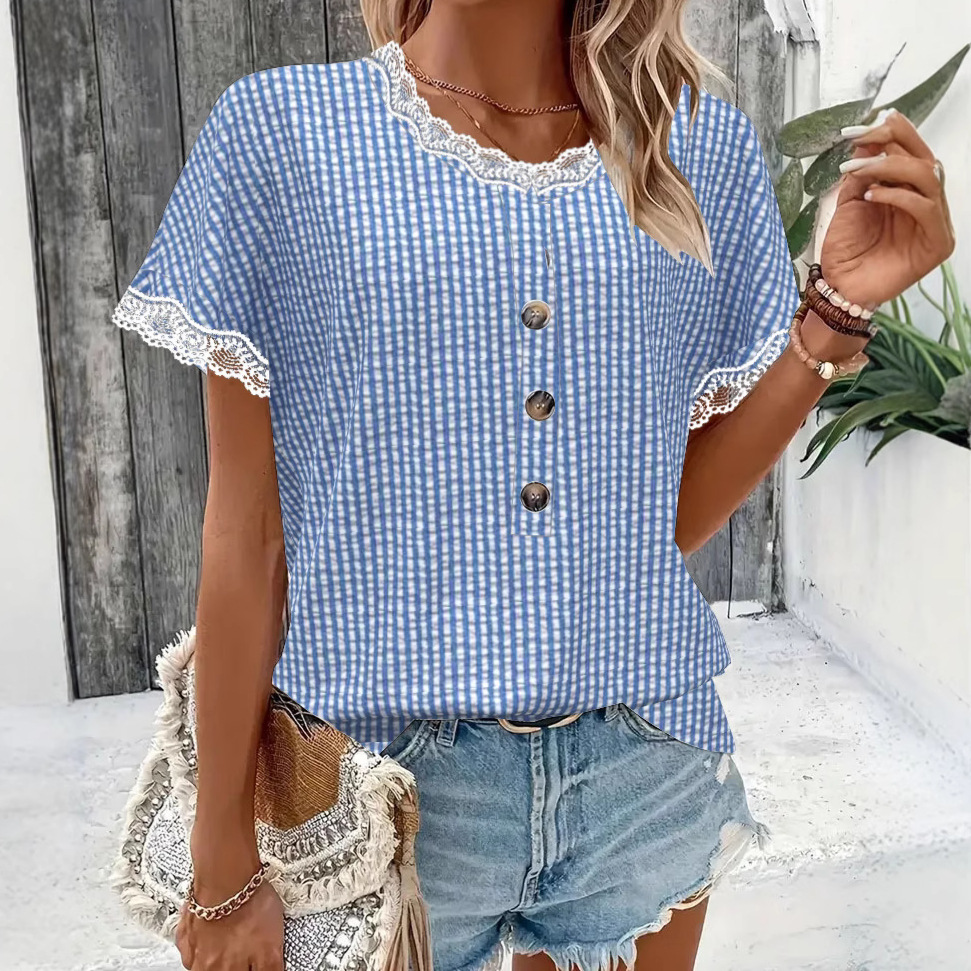 Women's Striped Lace-Trim Round Neck Blouse