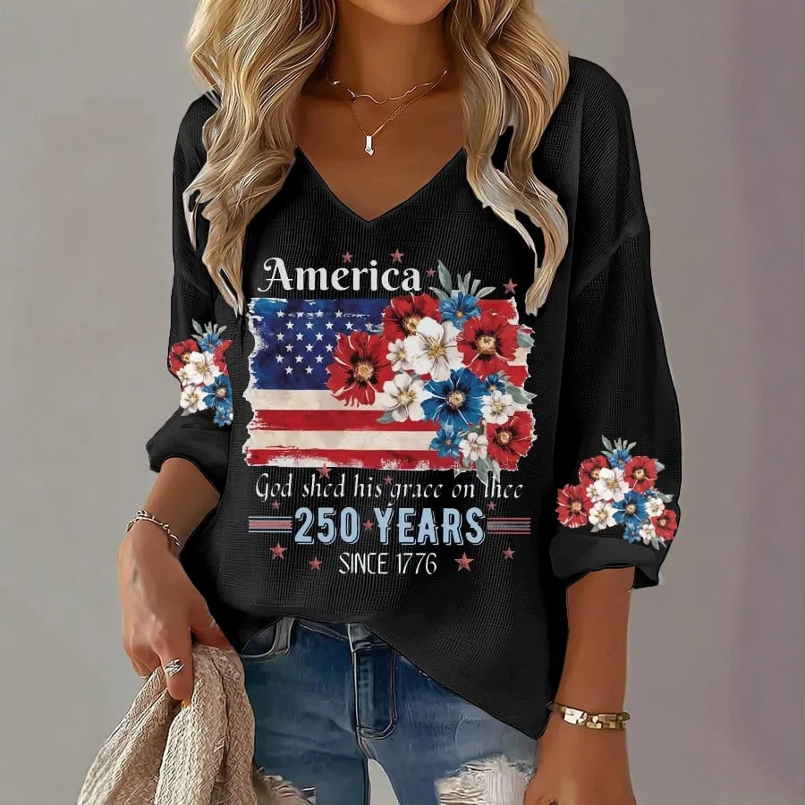 Women's Summer V-Neck American Eagle Flag Print Short Sleeve T-Shirt