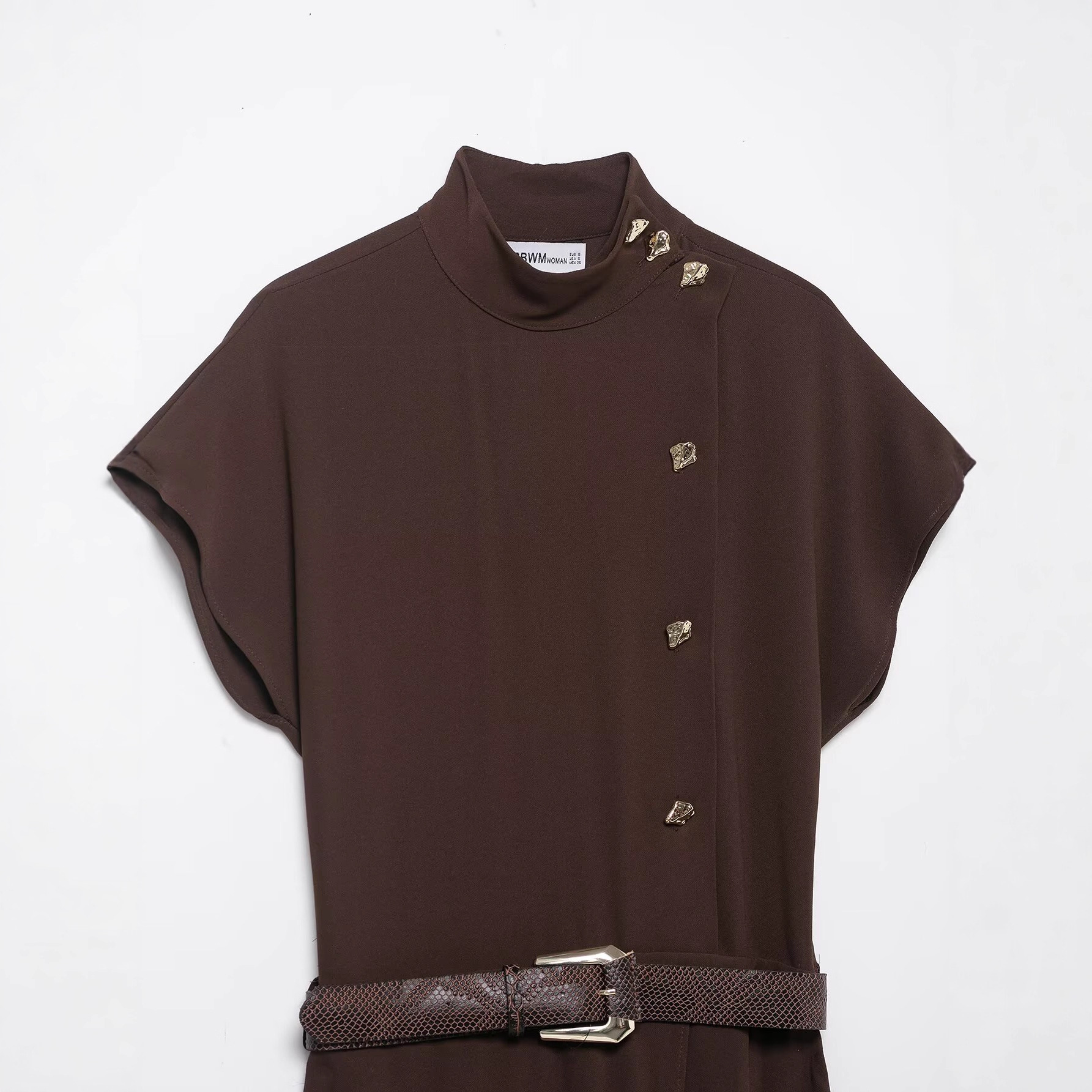 Women's Belted Midi Dress Short Sleeve High Waist Solid