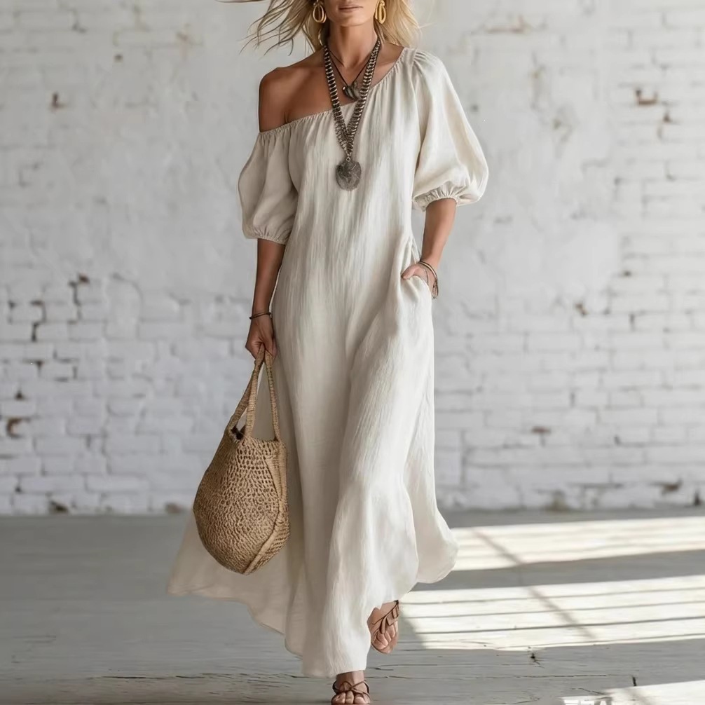 Women's Solid Color Loose One-Shoulder Long Cotton-Linen Dress
