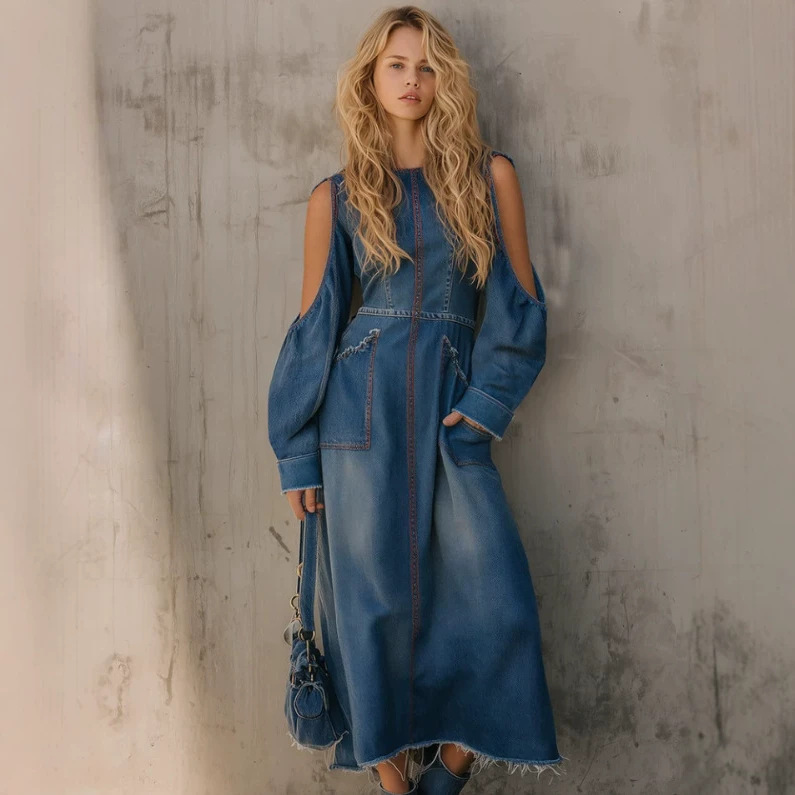 Vintage Off-Shoulder Denim Midi Dress