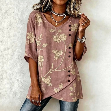 Women's Summer Botanical 3D Print Asymmetric Button Shirt