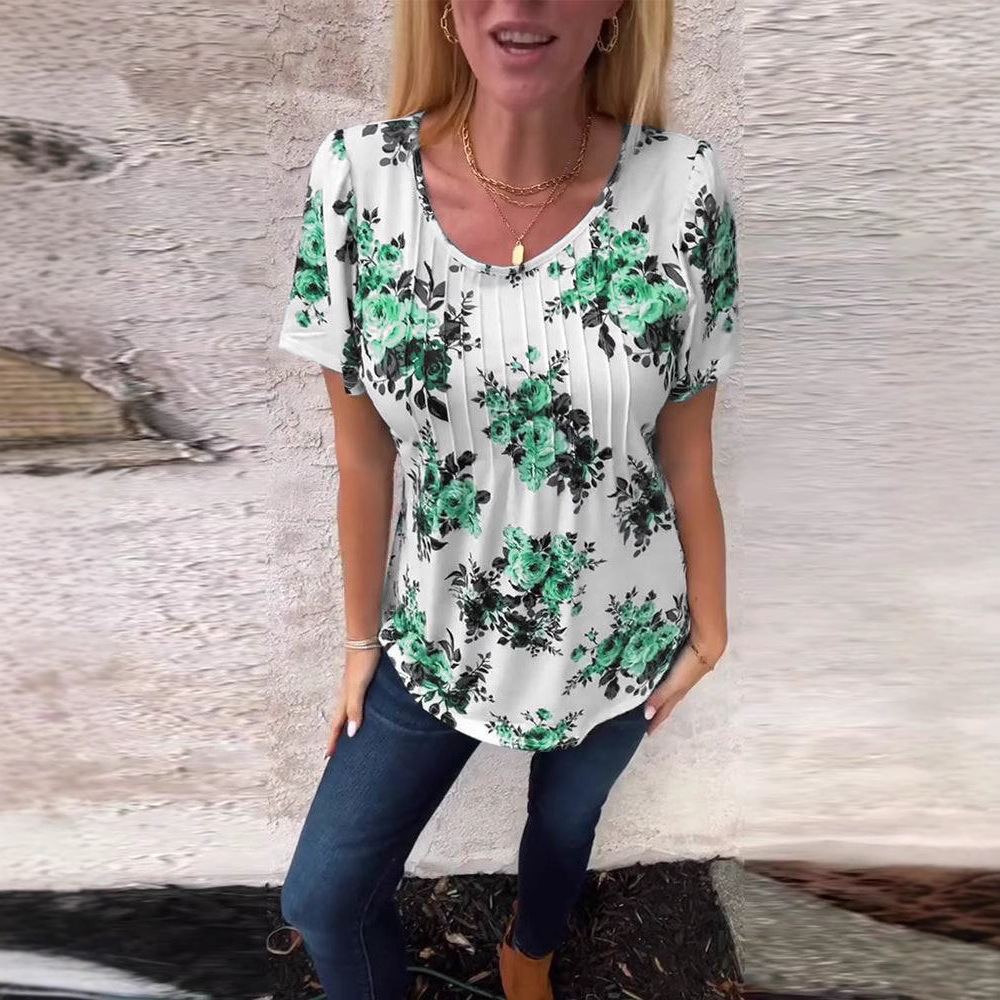Bohemian Floral Print Short Sleeve Crew Neck T-Shirt
