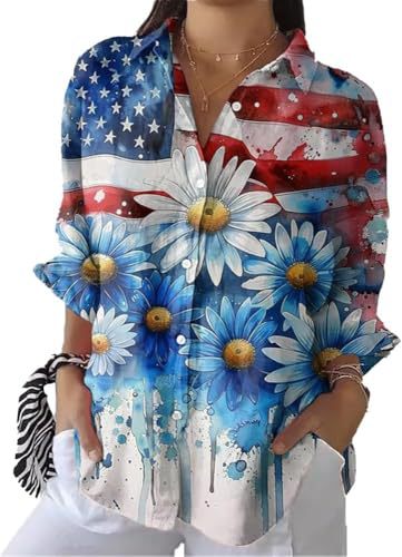 Women's Summer Cross & American Flag Print Long Sleeve Blouse