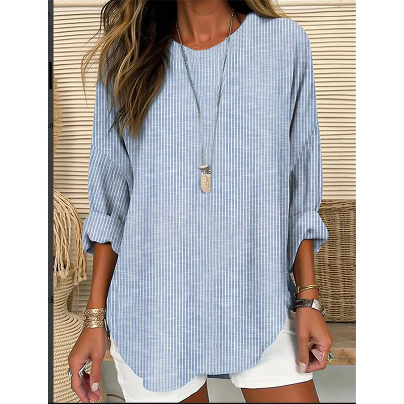 Women's Retro Striped Woven Loose Long-Sleeve Crewneck Top
