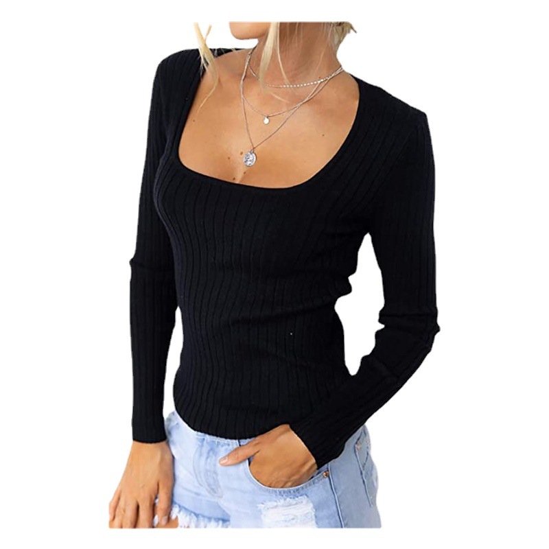 Women's Solid Square Neck Long Sleeve Slim Fit Knit Top