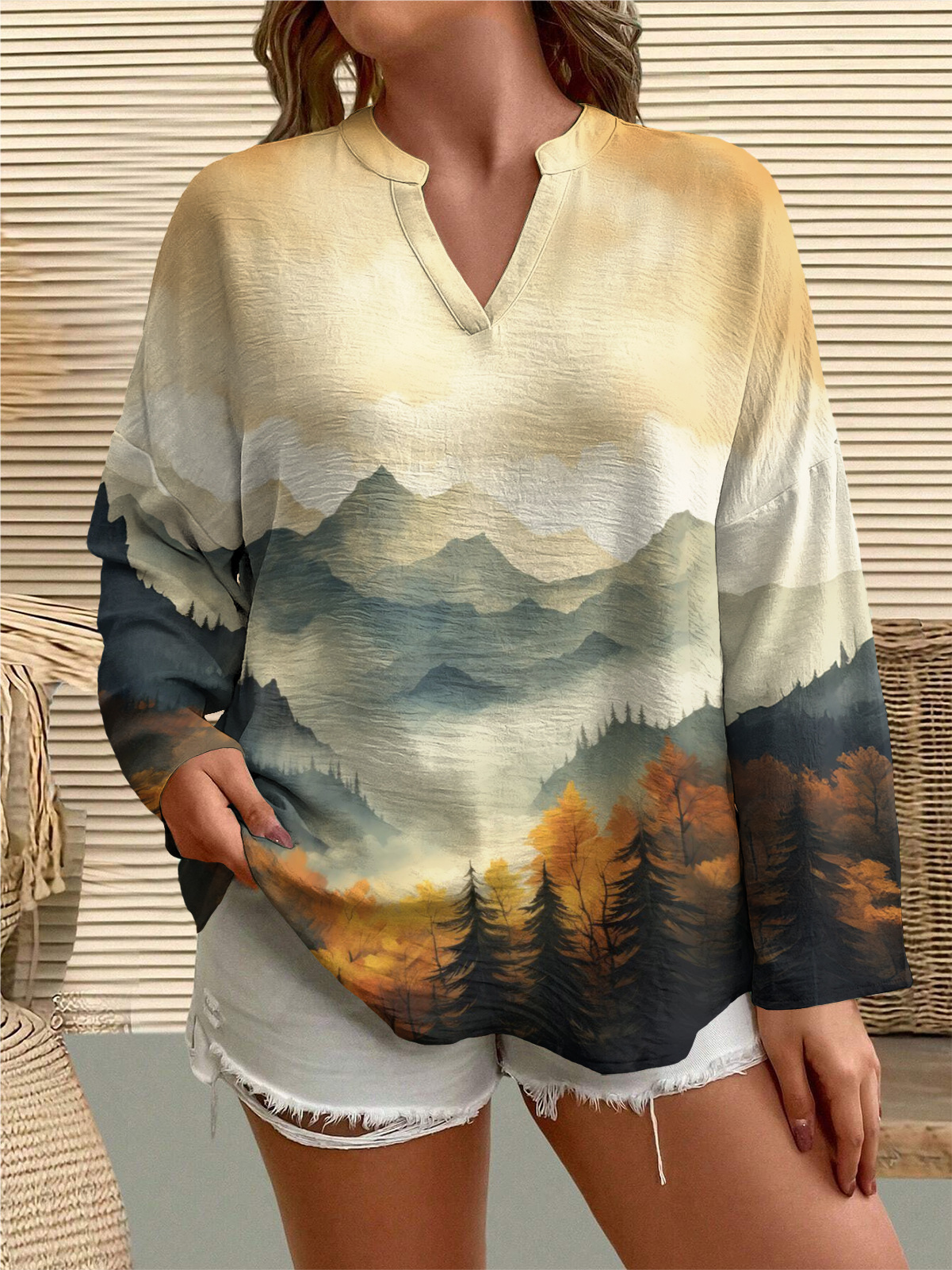 Women's V-Neck Long Sleeve Printed T-Shirt Blouse
