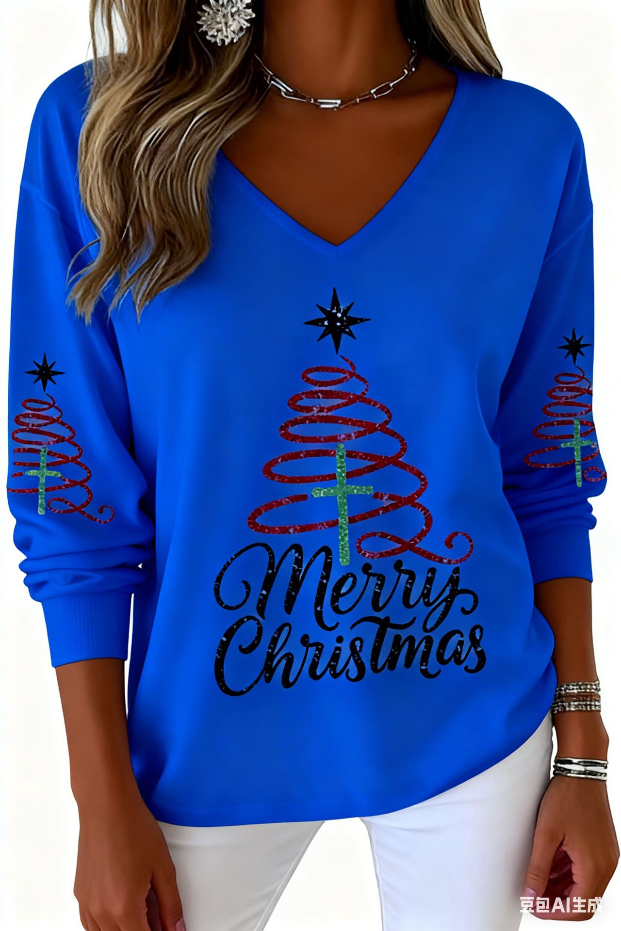 Christmas Letter Print V-Neck Long Sleeve T-Shirt for Women