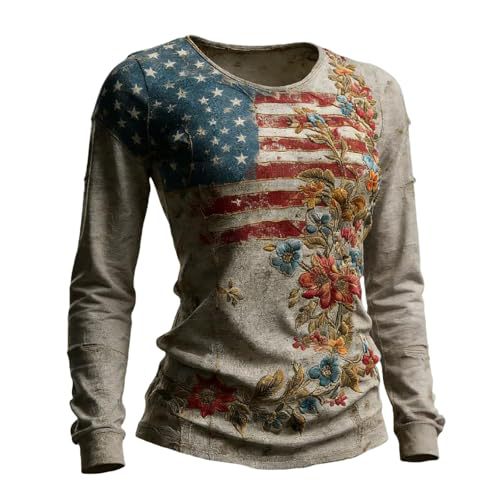 Women's American Flag Striped Rose Print Long Sleeve Top
