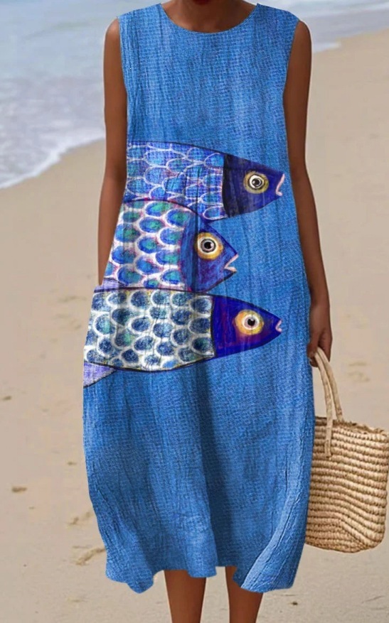 Women's Sleeveless Printed Midi Dress with Pockets Slim Fit