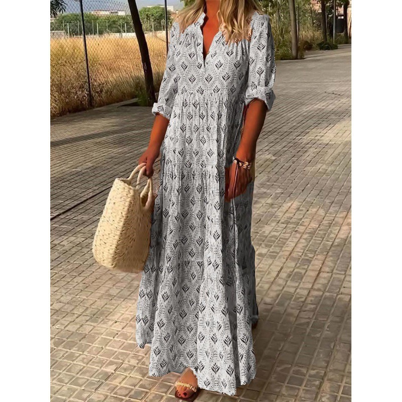 Retro Stand Collar Plus Size Loose Long Dress