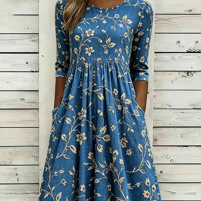 Women's Vintage Floral Print Pleated Midi Dress