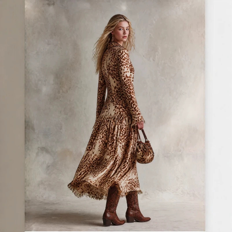 Vintage Elegant Beige Brown Print Fringe Long Dress